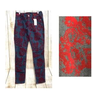 Decree Jeans Skinny Burgandy Velvet‎ Abstract Pattern Low Rise Goth Grunge Y2K